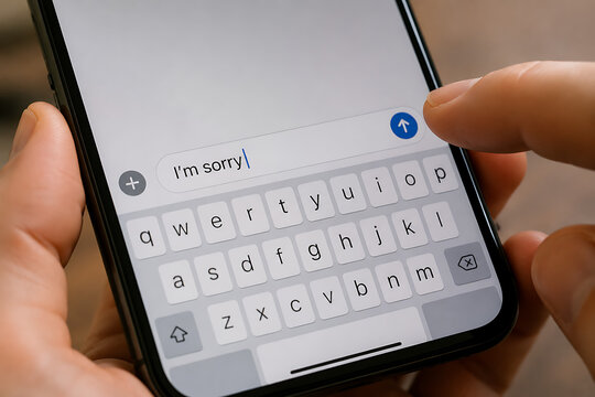 Sending an apology message on smartphone screen close up