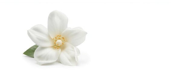 Obraz premium White flower with yellow center and green leaves on a white background