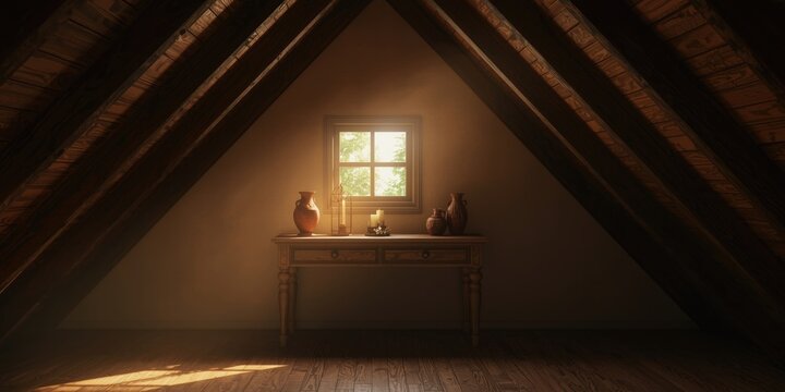 Warm and rustic attic area with wooden beams and petite window inspiring home decoration themes