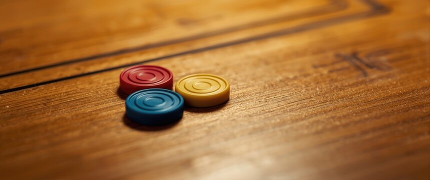 Three distinct colored carrom coins in play on wooden board