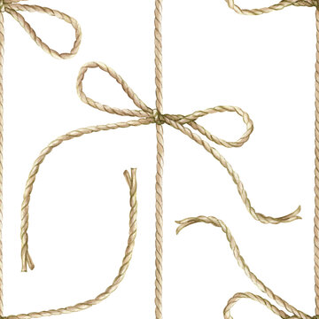 Seamless pattern with rope and a bow tied from it on a isolated background . Watercolor rustic twine ornament for holiday gift wrapping paper, parcel packaging design, maritime textiles, scrapbooking
