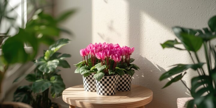 Pink cyclamen flowers in checkered pots on a wooden table
