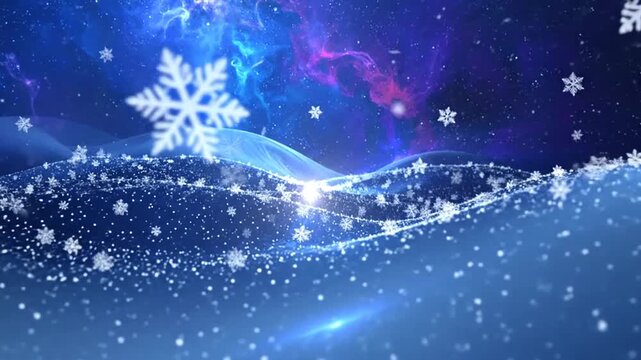 Abstract winter background with falling snowflakes and glowing waves