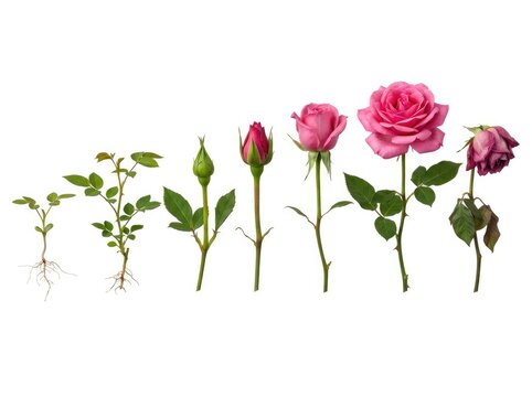 The lifecycle of a pink rose, from seedling to bloom and wilting