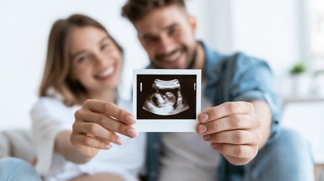 Future parents announcing their pregnancy holding ultrasound scan, couple smiling celebrating baby coming