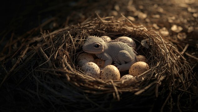 Lizard hatchling resting in a nest with eggs