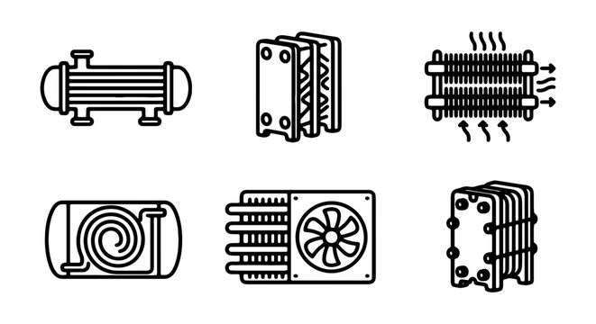 Heat Exchanger Icons, Cooling Systems, Industrial Components, Vector Set