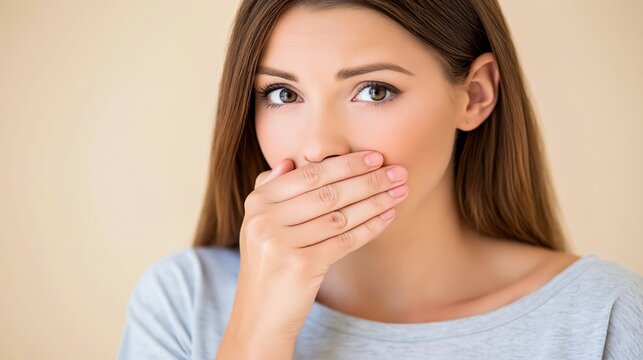 Young woman covering mouth with hand, expressing silence, health concern, secret, surprise, or shame concept