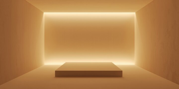 Minimalist room layout with subdued lighting on warm beige walls and a central platform for copy space