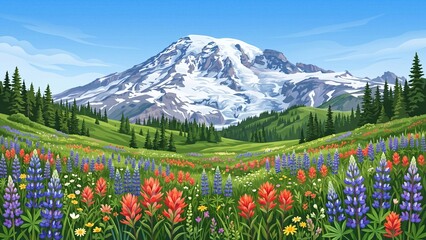 Fototapeta premium Illustration of Mount Rainier with a snowy peak surrounded by vibrant green meadows filled with colorful wildflowers