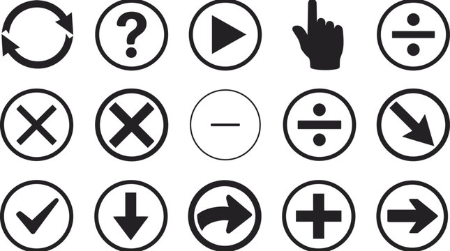 Set of Diverse Circular UI Web Interface Icons Featuring Mathematical Symbols Navigation Arrows and Action Indicators for Digital Design