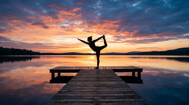 Silhouette of a woman performing yoga on a wooden pier at sunset with vibrant sky and calm lake reflections
