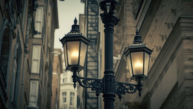 Vintage street lamp illuminating a narrow alleyway