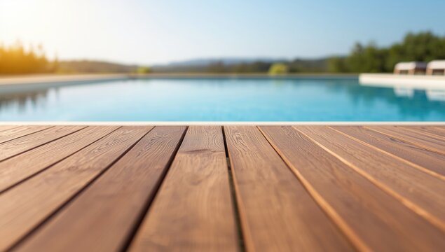 Swimming pool area with sun-exposed Ipe wood decking and copy space for text