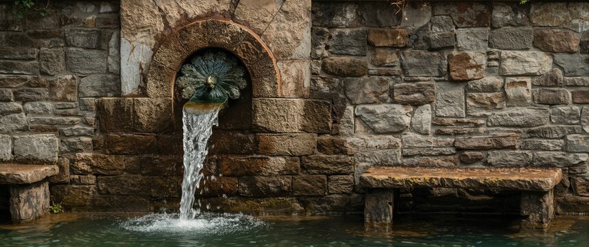 Water flowing from mascaron on stone wall fountain with surrounding stone benches