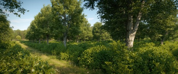Fototapeta premium Isolated row of shrubs and trees in a summer forest scene with vibrant greenery and clear sky