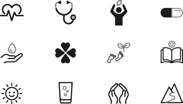 Black line icons, health, wellness, medicine symbols, 12 pcs