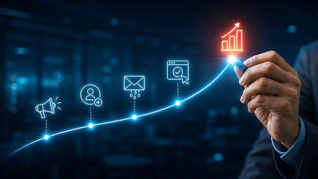 Corporate executive drawing a rising arrow growth curve with marketing megaphone user feedback email campaign and web confirmation icons for achieving modern financial business success