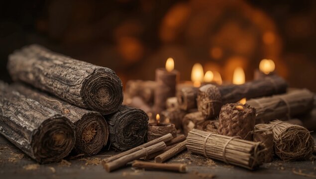Rustic natural wood firestarter sticks and rolled firelighters displayed as a cozy background