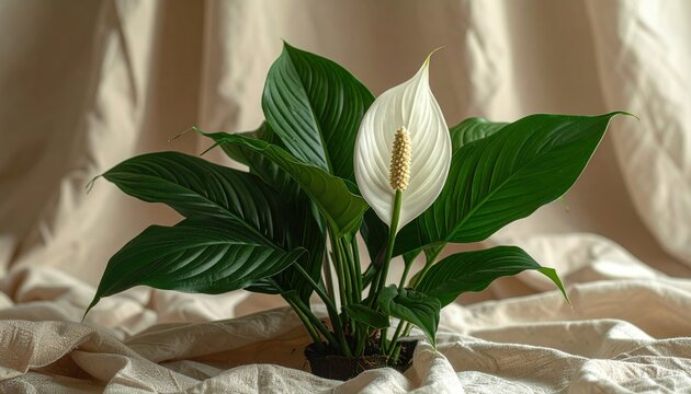 Elegant White Flower Bloom on Lush Green Peace Lily Plant