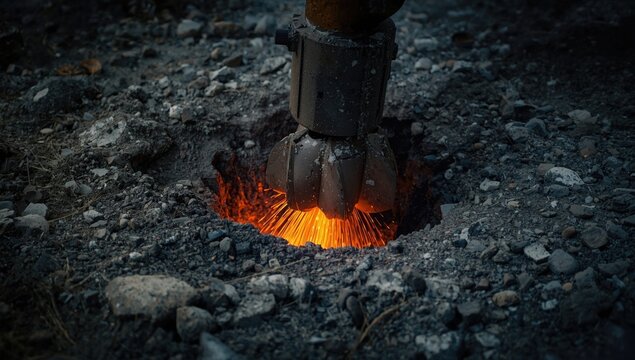 Industrial drill bit penetrating rock to insert explosives during iron ore mining process