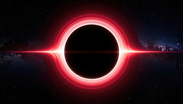 Simulated black hole event horizon with vibrant red accretion disk and surrounding cosmic background