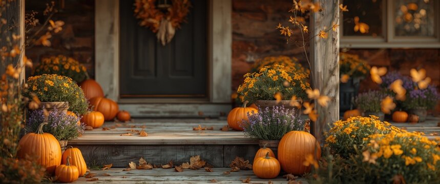 Warm rustic porch decked with Halloween pumpkins and wildflowers