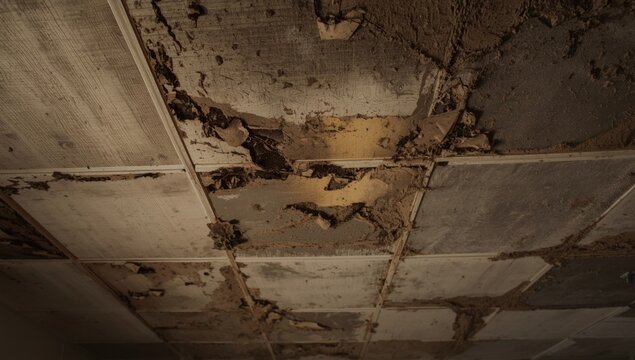 Damaged ceiling tiles with dirt and debris visible