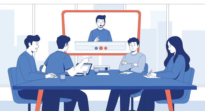 Online business meeting video conference with remote team members and presenter discussing project plans strategy development collaboration.