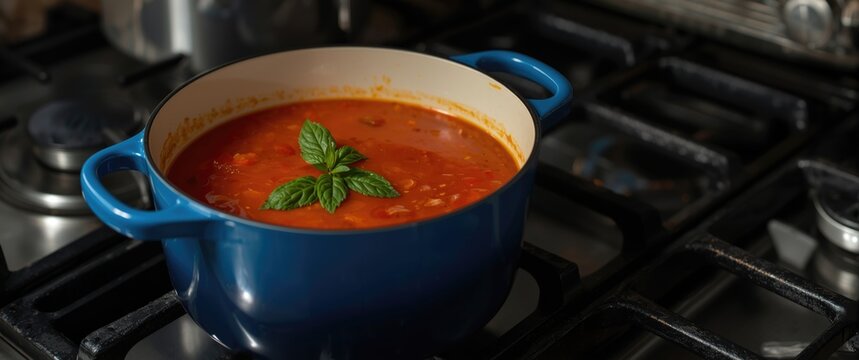Tomato sauce simmering in a blue pot on the stove