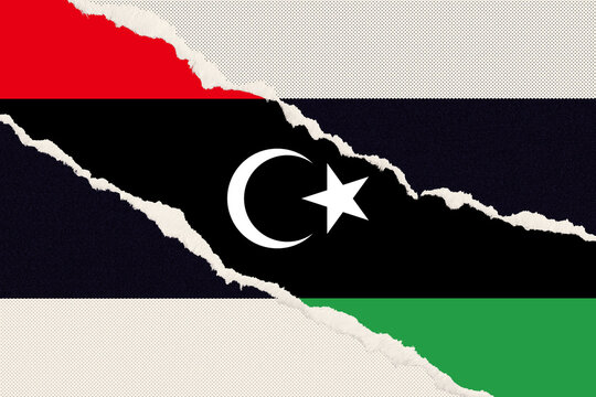Textured Illustration of the Libyan National Flag, Featuring a Red, Black, and Green Design with a White Crescent Moon and Star, Ripped to Reveal a Dotted Halftone Pattern Underneath
