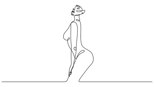 Animated self drawing of continuous line draw A nude woman&rsquo;s body is drawn in one line style. Woman in mediation minimalist trendy line art, animation of a seated nude woman