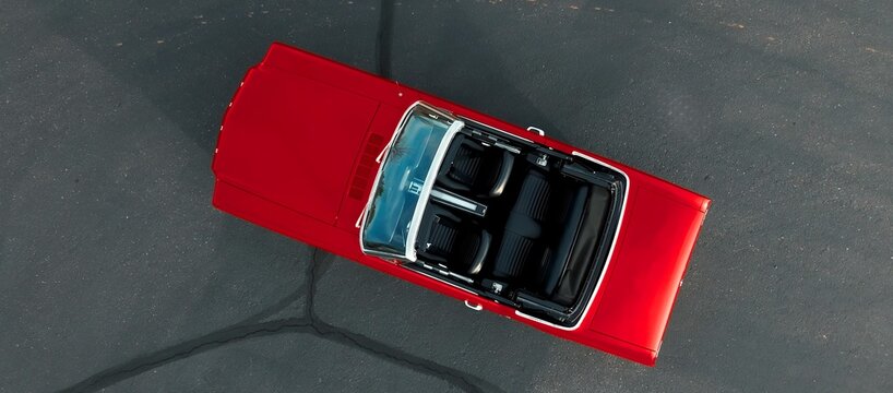 1964 Ford Mustang, legend super car, American car. red and black switch