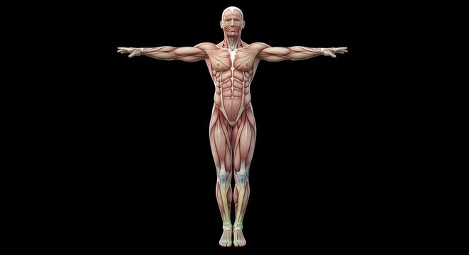 Human muscular system T-pose, isolated on black background, detailed anatomical illustration