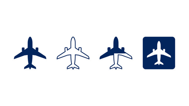 Set of four stylized airplane icons in blue tones with varying levels of detail and one enclosed within a square border
