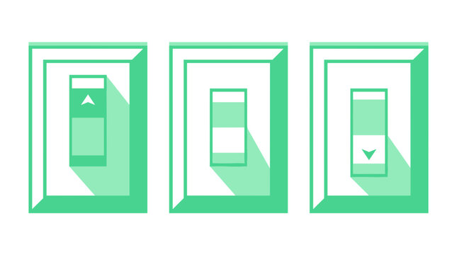 Set of three minimalist light switch icons with varying positions, depicted in green tones against white backgrounds