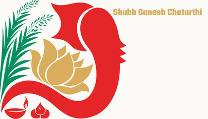 Obraz premium Bold Ganesh Chaturthi horizontal vector with confident Ganesha procession, oversized lotus, vertical breathing column for web header