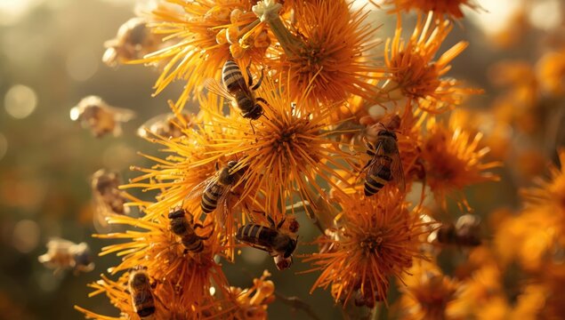 Western honey bees visiting bright orange Buddleja globosa flowers