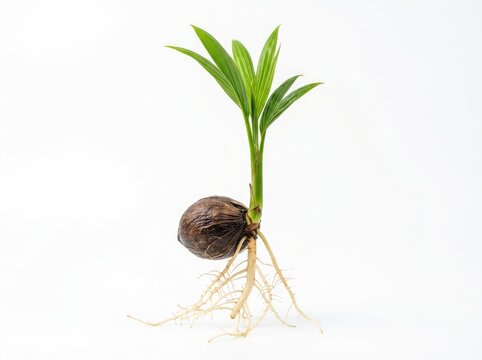 Coconut Seedling Sprouting From Seed with Roots on White Background