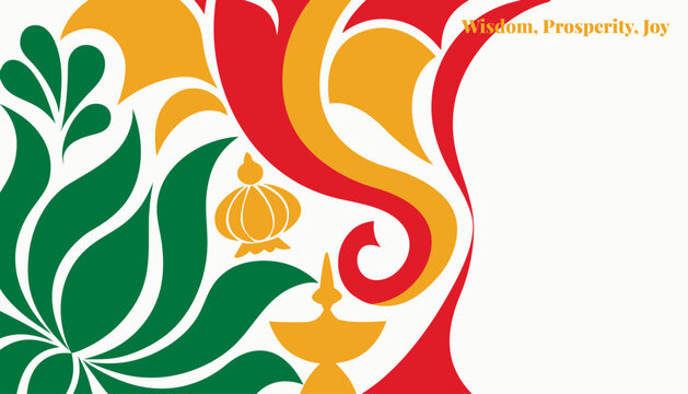 Flat Ganpati banner with sweeping trunk gesture, durva arabesque, vermilion-gold for promo design
