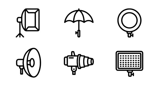 Photography Lighting Equipment Icons, Studio Gear Set, Professional Camera Accessories