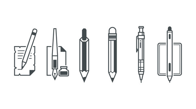 Set of minimalist line art icons depicting various writing instruments including pencils, pens, and markers with different designs and orientations
