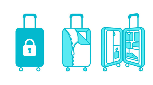 Set of three stylized suitcase illustrations showing closed, partially open, and fully open with contents
