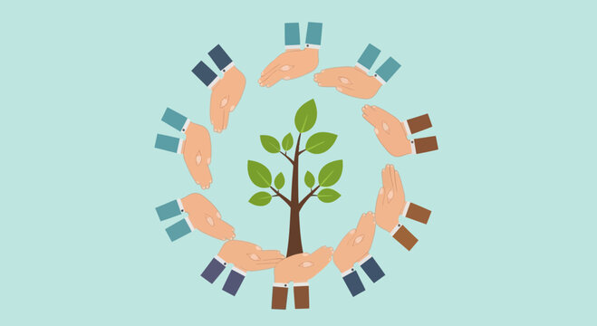 Flat vector illustration showing many diverse hands surrounding a small green sapling for environmental growth concepts
