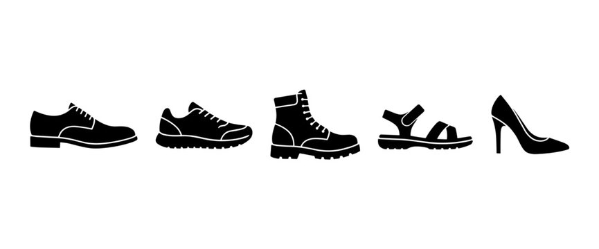 A collection of black silhouette icons representing different types of footwear including formal shoes, sneakers, boots, sandals, and high heels.