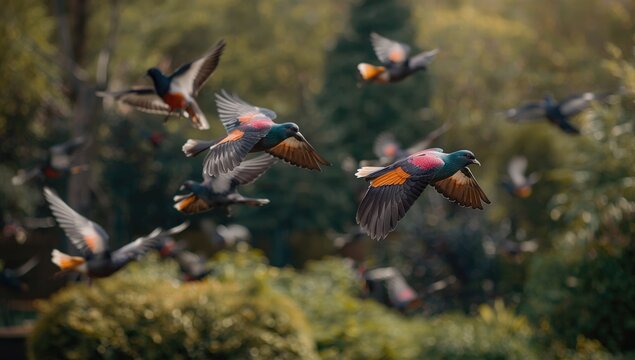 Sprightly birds boasting vivid plumage soaring gracefully in a peaceful garden where pigeon hooting is faintly heard