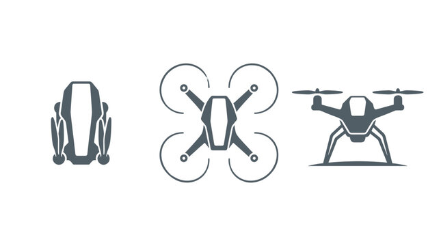 Set of minimalist line icons depicting different types of drones with varying designs and propeller configurations