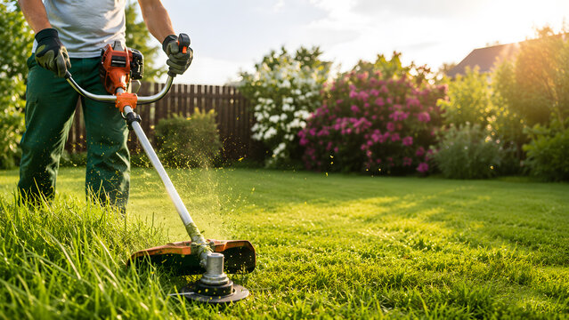grass trimming with brush cutter in backyard