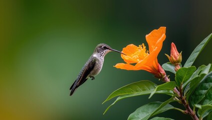 Fototapeta premium Long tailed hummingbird perched on orange blossom sipping nectar