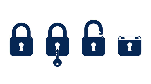 Set of four padlock icons in blue tones representing locked, unlocked, key inserted, and broken padlock states